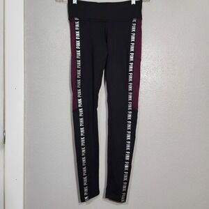 PINK Victoria's Secret XS Black Burgundy Logo Cozy Leggings Yoga Gym Athleisure